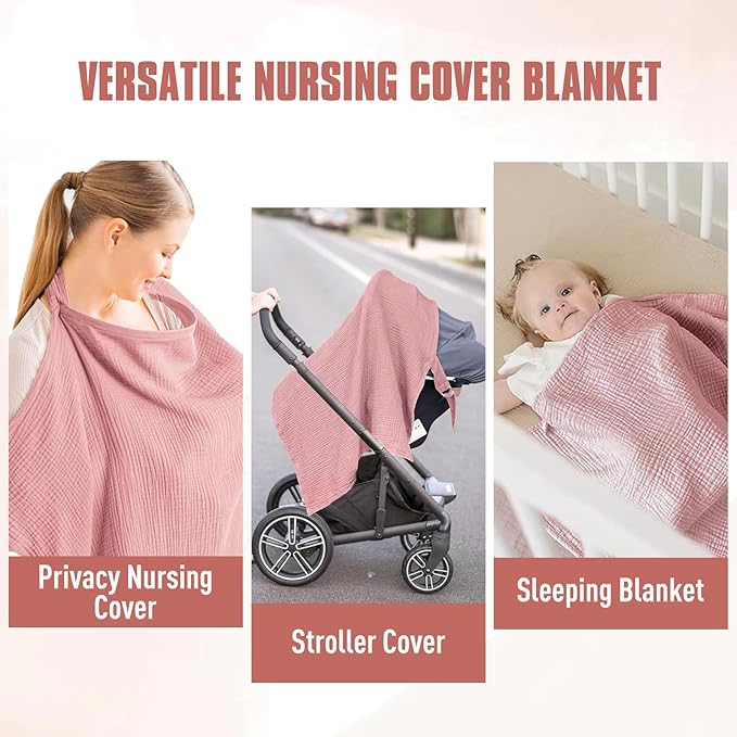 Cinaci 2 Pack Pure Cotton Muslin Lightweight Breathable Breastfeeding Nursing Cover Blankets with Adjustable Metal Clasp (Dusty Pink+Dark Dusty Pink)