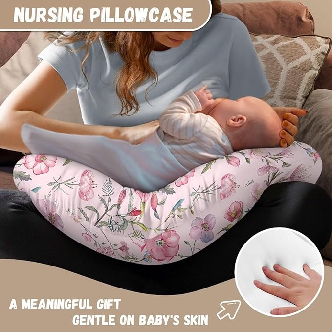 Pink Flower Butterfly Baby Fashion Nursing Pillow Cover Baby Breastfeeding Slipcover Newborn Safety and Comfy Cover for Daily Life, 1 Pack