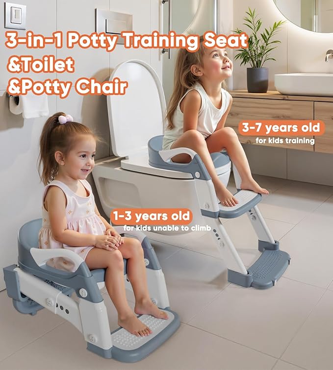 3-in-1 Potty Training Seat & Training Toilet & Potty Chair, Height AdjustableToddler Toilet Seat for Kids, Foldable Potty Training Toilet with Splash Guard & Anti-Slip Steps (Gray)