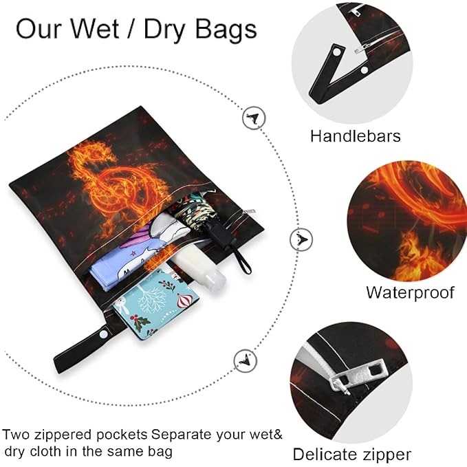 visesunny Flaming Music Note 2Pcs Wet Bag with Zippered Pockets Washable Reusable Roomy for Travel,Beach,Pool,Daycare,Stroller,Diapers,Dirty Gym Clothes, Wet Swimsuits, Toiletries