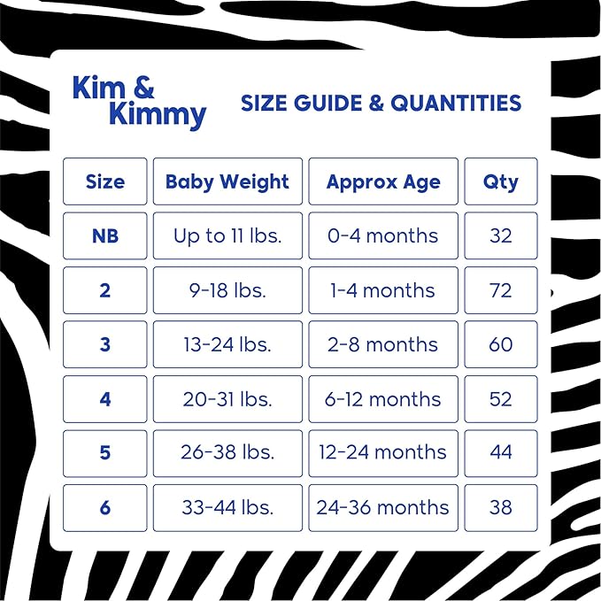 Kim & Kimmy Eco Diapers, Size 6, 33-44 lbs, 38 Diapers - 12 Hour Leak Protection, No Rashes, Hypoallergenic, Ultra-Soft & Highly Absorbent - Cruelty Free & Vegan - Zebra