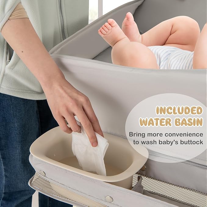 HONEY JOY Changing Table, Folding Mobile Diaper Nursery Organizer w/Wheel, 3 Adjustable Heights, Storage Bag & Open Shelf, Water Basin, Portable Baby Changing Station for Newborn Infant(Gray)
