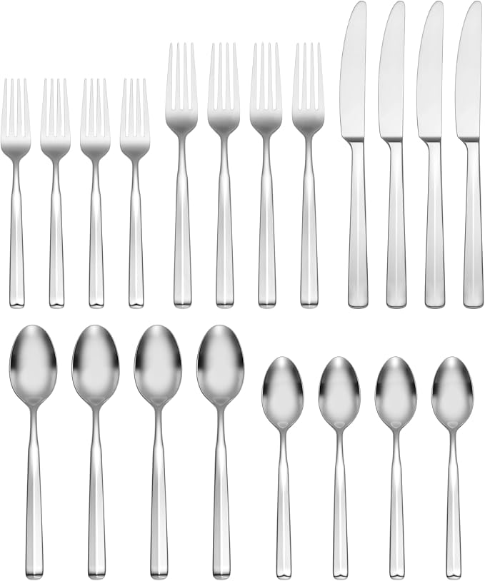 Oneida Silverware Set, Ryder Satin 20-Piece Flatware Set, Service For 4, 18/0 Stainless Steel, Dishwasher Safe, Cutlery Sets, Kitchen Utensils Sets, Knives Spoons And Forks, Home (Silver, 20 Pieces)