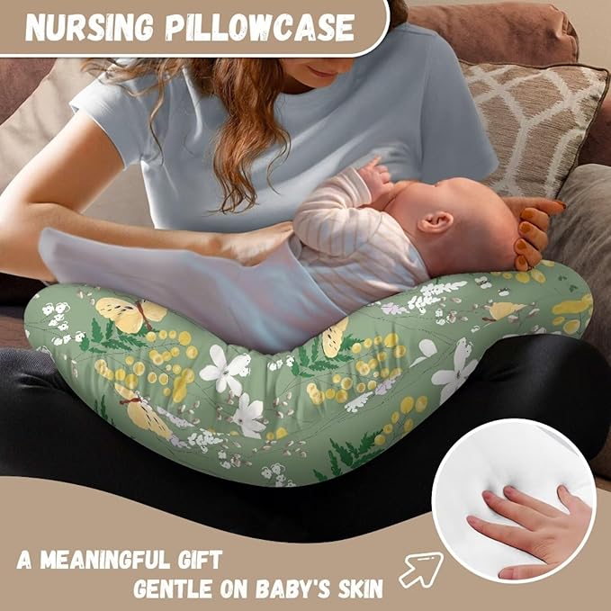 Retro Butterfly and Flower Nursing Pillow Cover for Baby Boy Girl Breastfeeding Slipcover Infant Newborn Nursery Bottle Pillowcase Stretchy Replaceable Pillow Cover Slipcover
