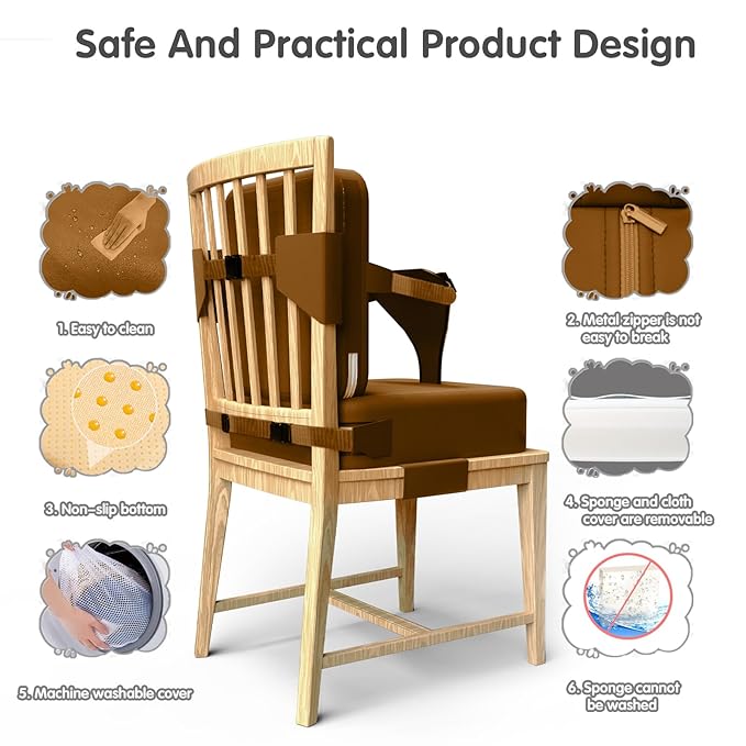 Toddler Booster Seat for Dining Table,Booster Seat for Kitchen Chair with Extended Straps,2PCS Portable with Safety Buckles,Suitable for Kids Aged 3-12 in Restaurants (Dark Brown)