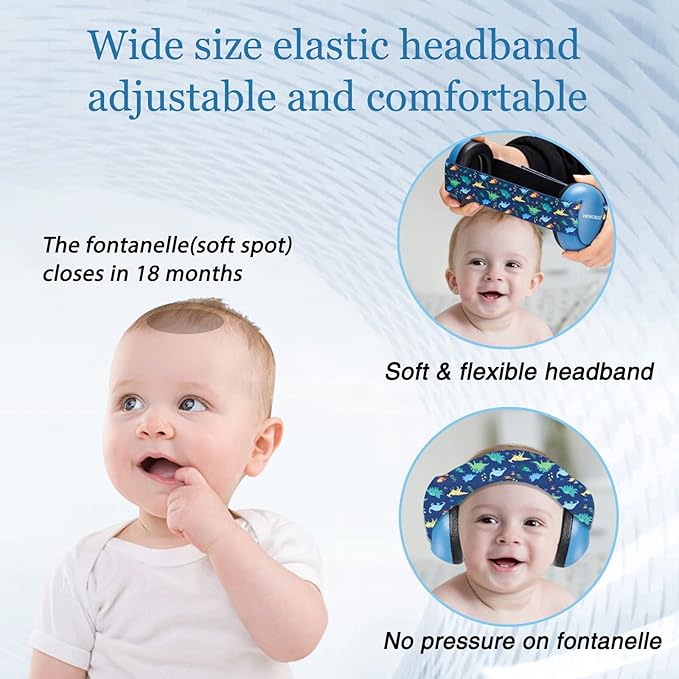 Infant Ear Protection Noise Cancelling Baby Ear Muffs, Toddler Hearing Protection with Adjustable Elastic Headband (Dinosaur,Blue