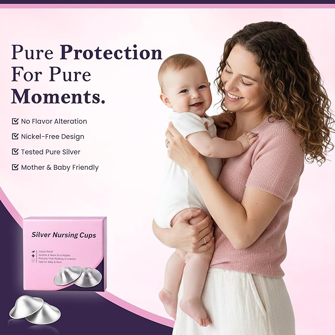 999 Pure Silver Nursing Cups for Breastfeeding – Silver Nipple Covers Breastfeeding Moms Use, Silver Nipple Shield & Nursing Cups for Sore, Sensitive Nipples, Reusable Silver Cups Breastfeeding Care