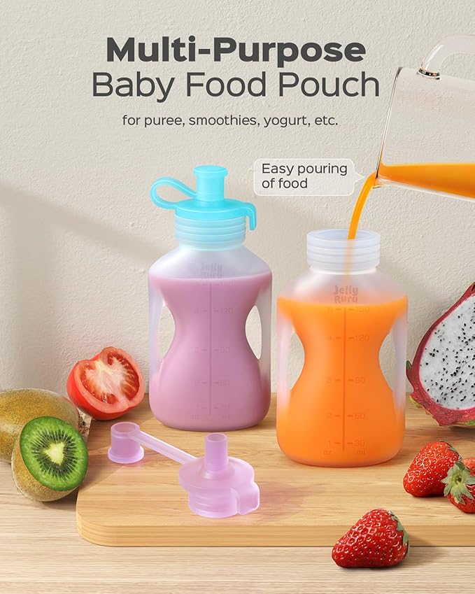 Jelly Ruru Silicone Reusable Baby Food Pouches with Straws, 8 Pack Leakproof Refillable Squeeze Pouches, Dishwasher, Freezer, Microwave Safe, 5OZ Baby Food Storage for Homemade Puree, Yogurt