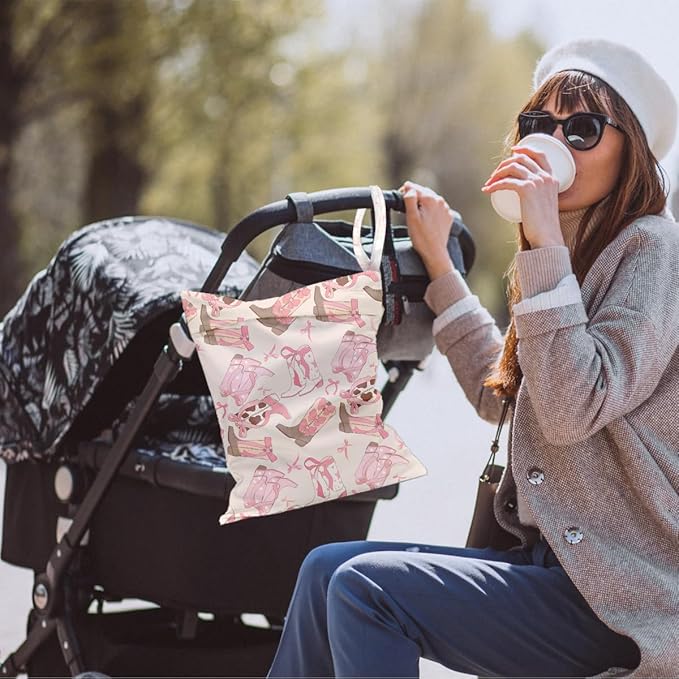 Waterproof Cloth Diaper Wet Dry Bag, Pink Reusable Travel Beach Pool Daycare Soiled Toddler Items Yoga Gym Bag for Swimsuits or Wet Clothes Diaper Western Boots Wet Bag