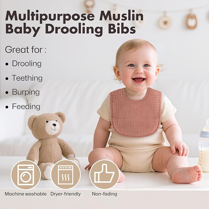 Drool Bibs for Baby Girls & Boys, 8 Pack Baby Muslin Bibs for Drooling and Teething with Hidden Pocket, Soft Cotton, Extra Absorbent, Mess-proof, for Toddler, Newborn, Infant