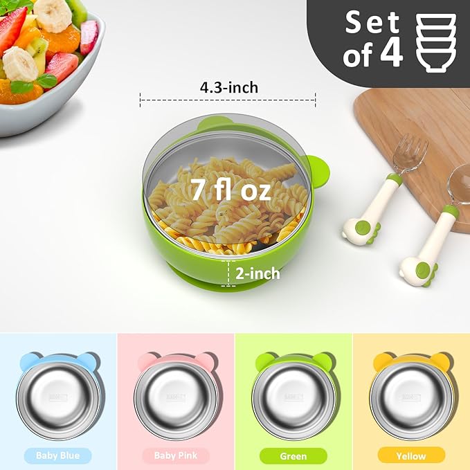 Bakpoco Stainless Steel Baby Bowls with Suction, 2-in-1 SUS304 Toddlers Bowl & Removable Silicone Suction Kids Bowl, Anti Scald Non Toxic Snack Container for Baby Food Feeding, 4 Colors Set