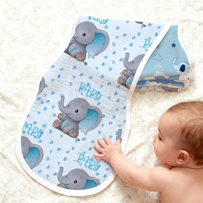 5pcs Elephant Burp Cloths for Baby Boys Girls 100% Cotton Blue Elephant Themed Design Burp Rags, Soft Breathable Muslin Burping Cloths Absorbent Spit-Up Cloths for Infant Newborns