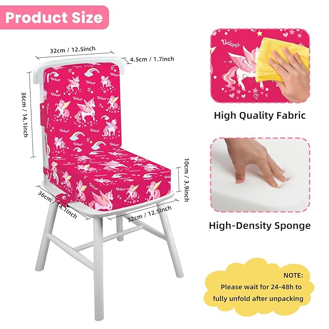 Toddler Booster Seat for Dining Table with Adjustable Straps, Kids Booster Seat for Kitchen Chair with Non-Slip Bottom, Portable Detachable Washable Increasing Cushion (Unicorn)