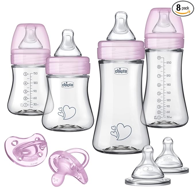 Chicco Duo Hybrid Baby Bottle Newborn Starter Giftset, Real Glass Inside, Lightweight Plastic Outside, Patented Invinci-Glass Technology, Intui-Latch Nipple, Clear/Pink