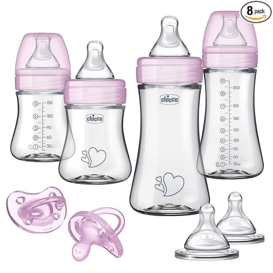 Chicco Duo Hybrid Baby Bottle Newborn Starter Giftset, Real Glass Inside, Lightweight Plastic Outside, Patented Invinci-Glass Technology, Intui-Latch Nipple, Clear/Pink