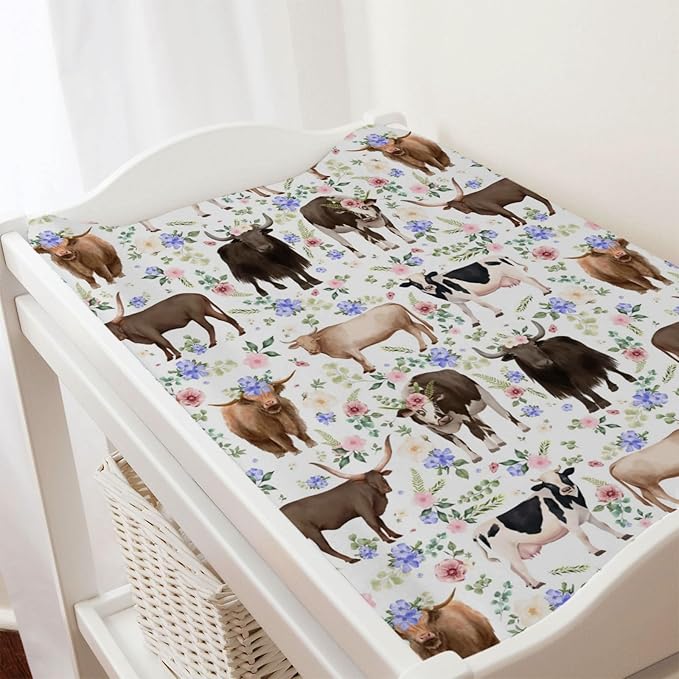 Farm Cows Boho Floral Changing Pad Cover Cows Yak Cattles Flowers Change Table Pad Cover for Boys Girls Farm Animals Soft Breathable Stretchy Fitted Diaper Changing Mat Sheets 32''x16''