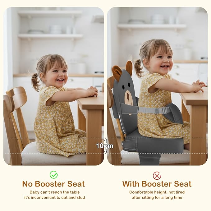 Booster Seat for Kitchen Chair, Toddler Kids Booster Seats for Dining Table with Backrest and Adjustable Strap, Portable PU Waterproof Travel Baby Booster Increasing Cushion (Dark Grey, OneSize)