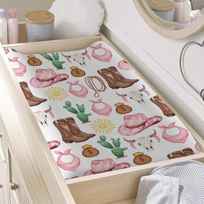 Baby Western Cowgirl Cowboy Changing Pad Covers for Boy Girl 32''x16'' Desert Cowboy Hat Boot Sun Cactus Fitted Diaper Changing Table Pad Sheets Soft Breathable Baby Change Table Mats