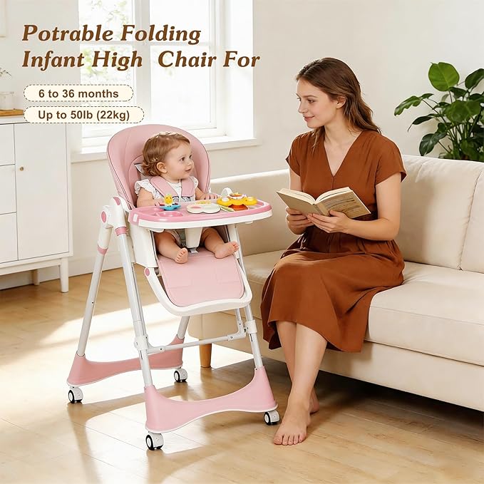 3-in-1 Baby High Chair | Convertible Baby High Chair for Babies and Toddlers | Brake Wheels, Easy Clean, Space Saving | Adjustable, Removable Tray (Pink)