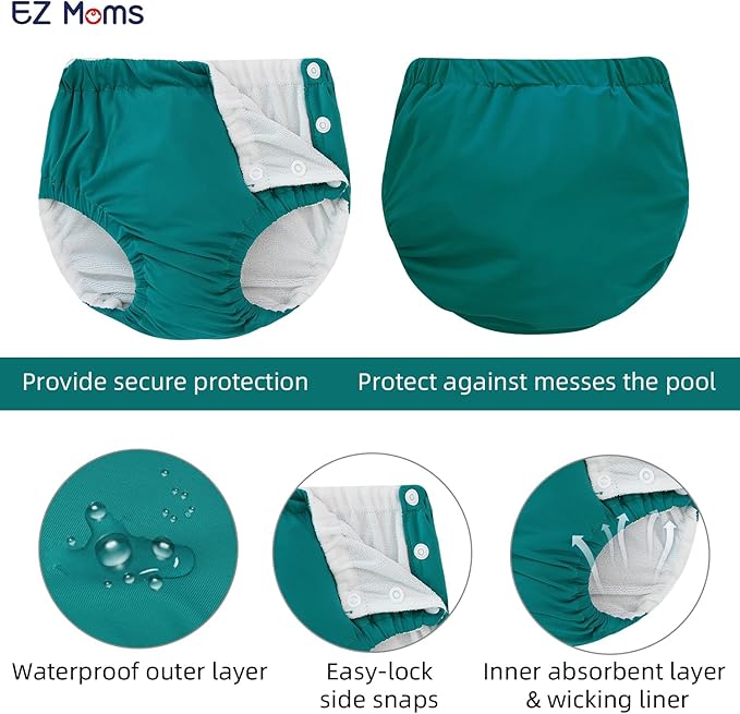 EZ Moms 2 Packs Reusable Swim Diapers Toddler Baby Swim Diapers Size 1 Washable Snap Pool Infant Swimming Diaper 12-18 Months Soft Water Diaper for Swimming Lessons Boys and Girls with a Laundry Bag
