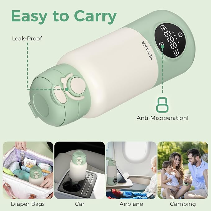 HEYAXA Portable Bottle Warmer for Travel, 15oz Capacity Baby Bottle Warmer with Fast Heating, 12000mAh Battery & Fast Charger, Pasteurization for Hygiene, Precise Temp Control, Leak-Proof