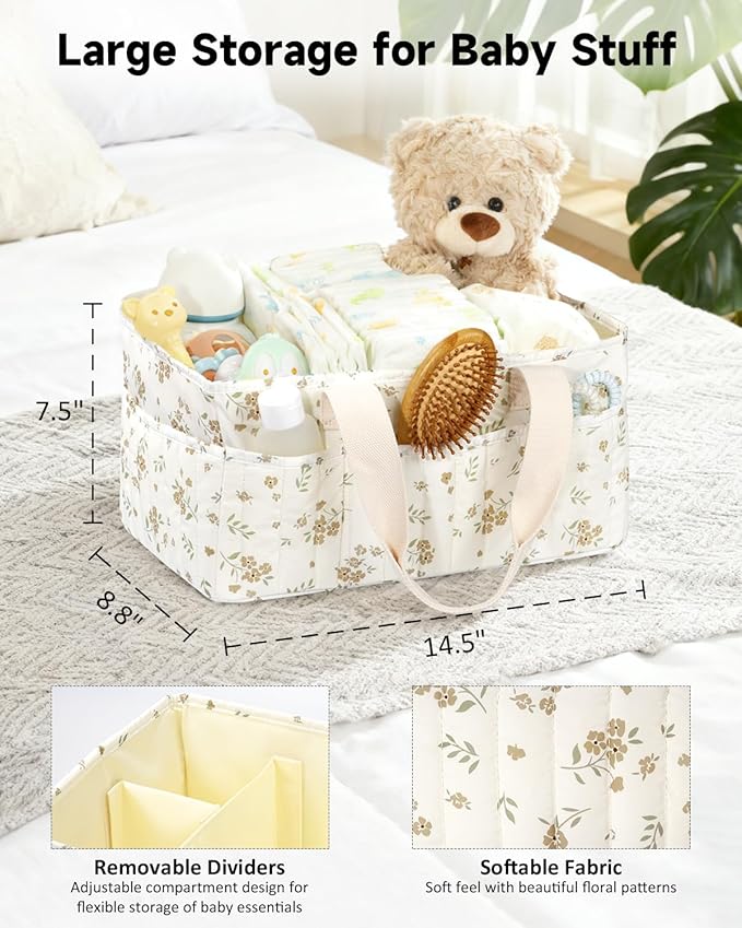 BuyCard Floral Baby Diaper Caddy Organizer, Large Quilted Nursery Storage Basket with Handle, Gift for Baby Shower, Newborn Parents Gift
