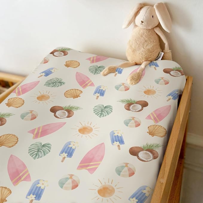 Neutral Summer Beach Changing Pad Covers for Baby Girls Boys Surfboard Coconut Seashells Sun Balls Fitted Change Table Pad Covers Mats Seaside Holiday Soft Diaper Changing Pad Sheets 32''×16''