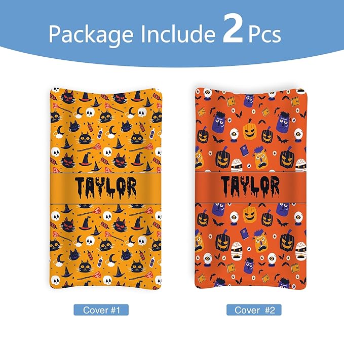 KAINSY Personalized Halloween Pumpkin Ghost Print Changing Pad Cover, Custom Diaper Change Table Sheets with Name, Soft Jersey Knit Change Table Sheets, 2 Pack Changing Pad Covers (16" x 32")