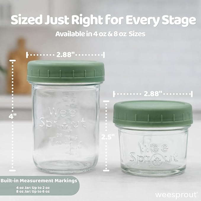 WeeSprout Baby Food Storage Glass Jars w/Lids (4/8 oz, 12 Pack) Pastel Variety, Snack, Reusable Small Containers, Fridge or Freezer, Microwave & Dishwasher Safe, Essentials for Infants