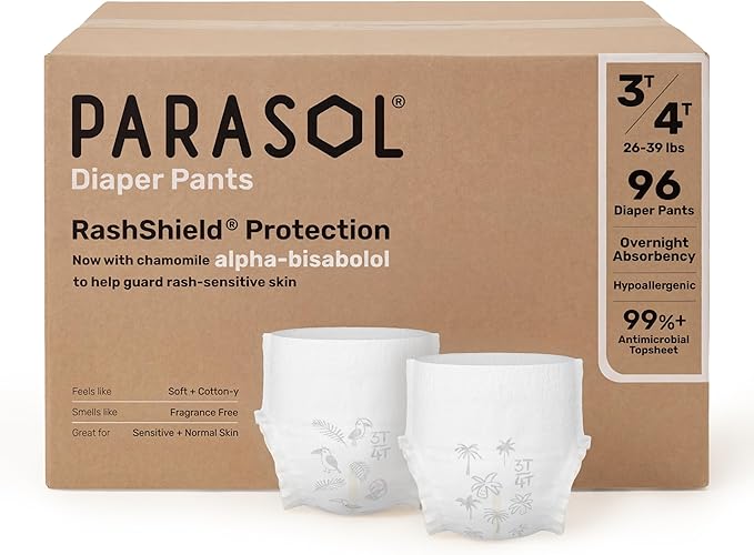 Parasol Chlorine Free Disposable Diaper Pants, Size 5 (3T-4T) 96 Count, Pull Up-Style with RashShield Protection and Active 360 Comfort Wrap, Hypoallergenic Training Diaper