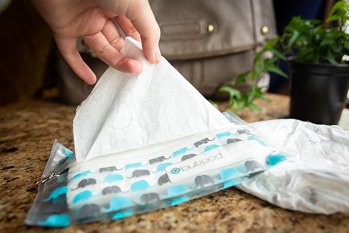 Butipods Reusable Stay Moist Wet Wipe Pouch | Slim Case Travel Holder | Great for Hand and Face Wipes | Set of 2 (Blue Elephants & Ogees)