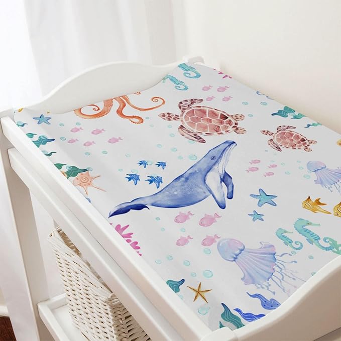 Colorful Nautical Life Changing Pad Cover Ocean Animals Corals Sea Weeds Baby Change Table Pad Cover for Boys Girls Soft Stretchy Fitted Diaper Changing Mat Sheets 32''x16''