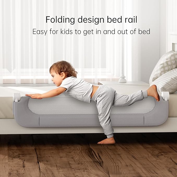 UPGOGO Folding Bed Rail for Toddlers,Baby Bed Rail Guard with Reinforced Anchor Safety System,Fit Bunk,Full Size,Queen,King,Twin(Grey,59"x23.6")
