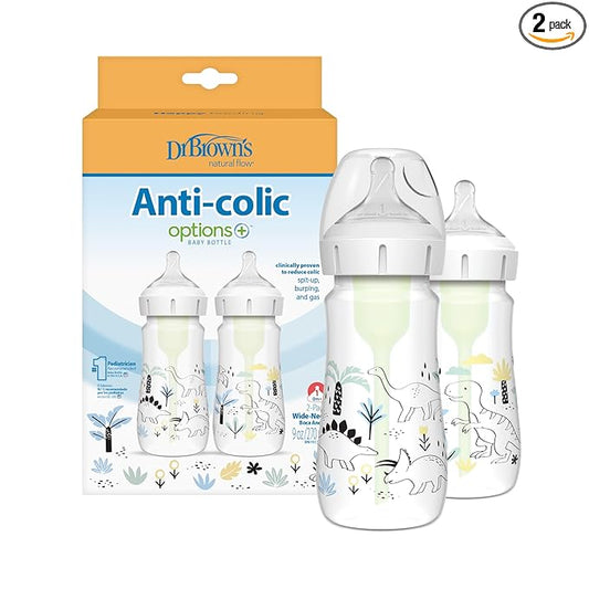 Dr. Brown's Anti-Colic Options + Wide-Neck Baby Bottle Designer Edition Dino Decos, 9oz/270mL, Level 1 Slow Flow Nipple, BPA-Free, 0m+, 2-Pack