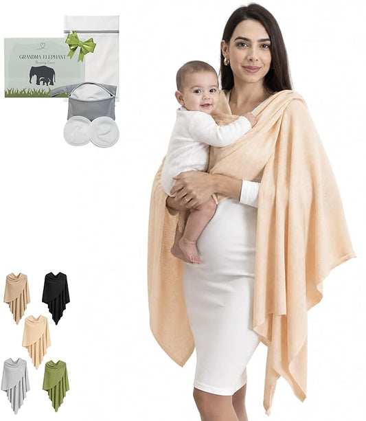 Set Premium Breast Feeding Covers for Women of All Body Types: Ultra Soft Stylish and Breathable Nursing Cover up for Breastfeeding + 4 Reusable Breast Pads for Nursing Comfort (Sand Dune)