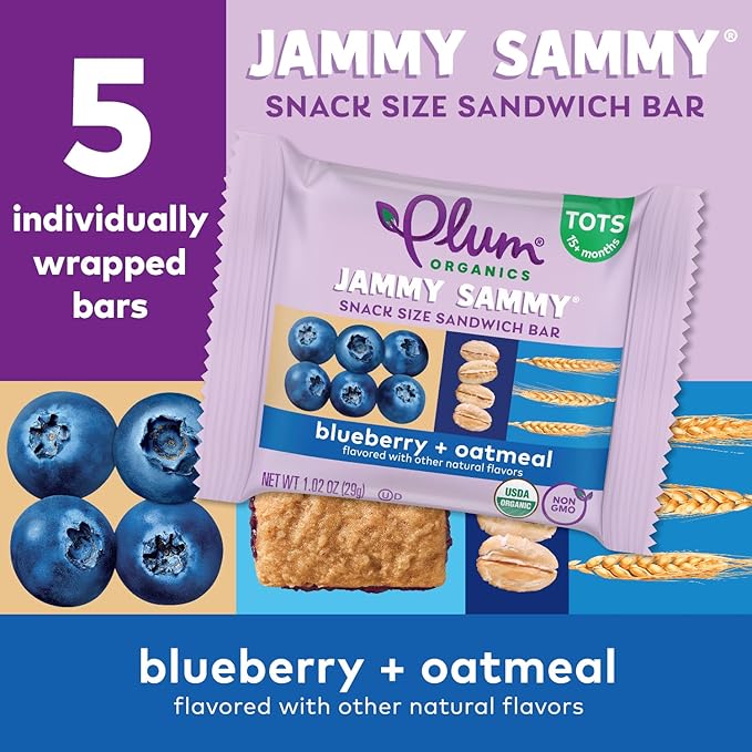 Plum Organics Jammy Sammy Snack Bars - Blueberry and Oatmeal - 1.02 oz Bars (Pack of 5) - Organic Toddler Food Snack Bars