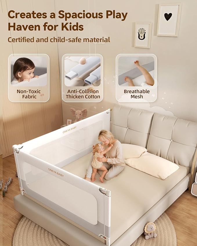 2 Piece Full Size Bed Rails for Toddlers, No-drill Needed Baby Bed Rail Guard with Height Adjustable, Thickened & Reinforced Child Safety Side Railing Guards/Bedrail for Kids,White/Grey, 54x74.8Inches