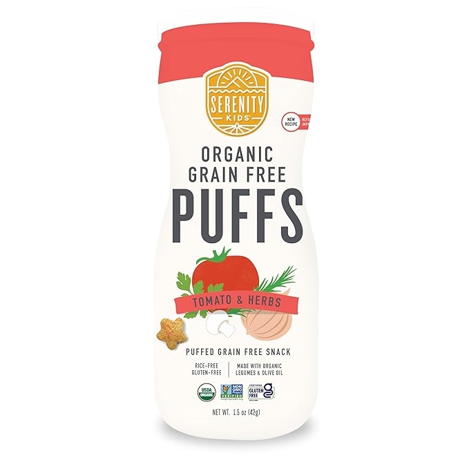 Serenity Kids 6+ Months Grain-Free Baby Puffs - Tomato & Herbs USDA Organic Baby Snacks - Allergen Safe Toddler Snacks - Quick-Dissolve Infant Puffs - 1.5 Oz Pack of 1