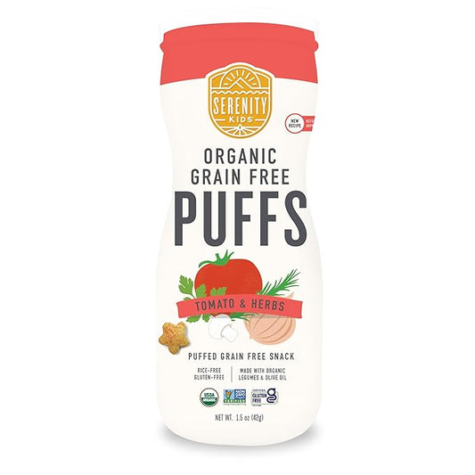 Serenity Kids 6+ Months Grain-Free Baby Puffs - Tomato & Herbs USDA Organic Baby Snacks - Allergen Safe Toddler Snacks - Quick-Dissolve Infant Puffs - 1.5 Oz Pack of 1