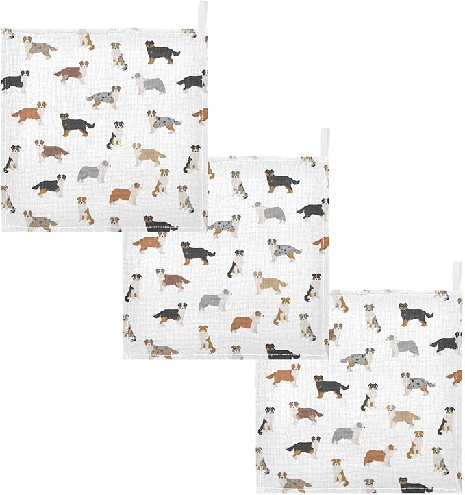 vvfelixl Baby Cotton Washcloths Australian Shepherd Dog Infants Bath Towel for Unisex Face Towels for Newborn, Natural Baby Wipes Delicate Skin, 11.8 X 11.8 inch, one sizex3