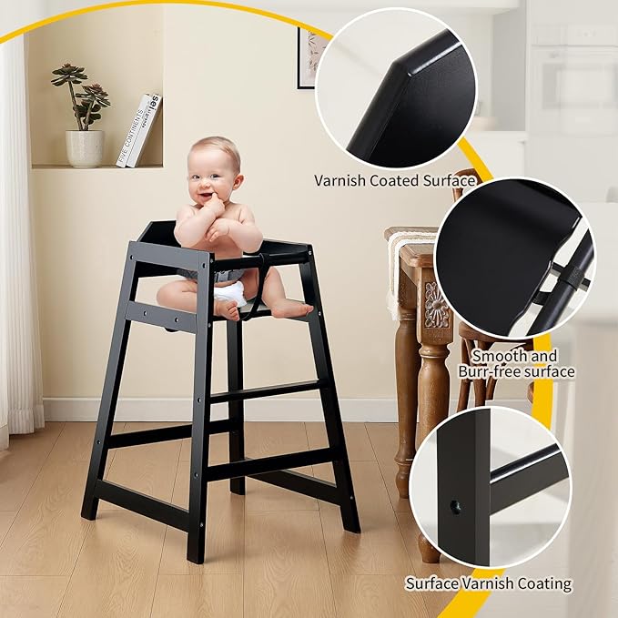 Wooden High Chairs for Babies and Toddlers, Restaurant-Style Stackable High Chair with Commercial Grade Solid Wood for Dining Table & Kitchen, Easy to Clean Baby Booster Seat -Black