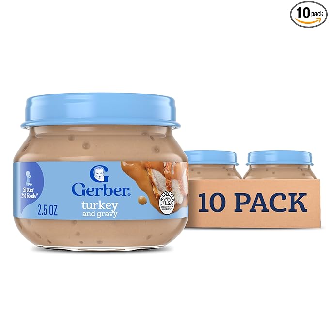 Gerber Stage 2 Baby Food, Turkey and Gravy Jar, Baby Food Poultry Puree, Baby Mealtime, Baby Puree Jars Glass, 10-Pack