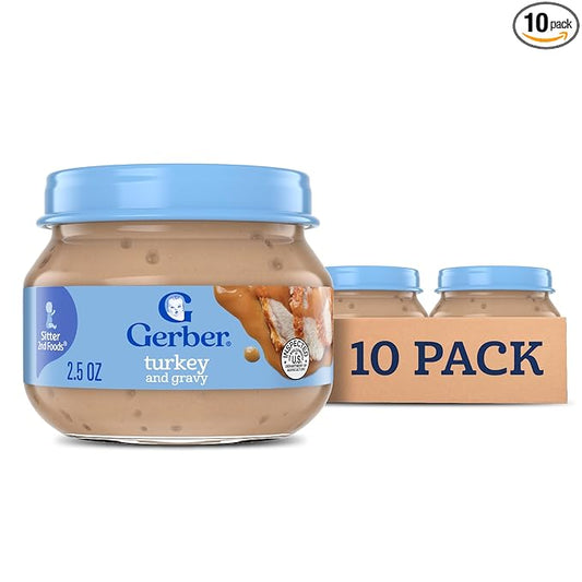 Gerber Stage 2 Baby Food, Turkey and Gravy Jar, Baby Food Poultry Puree, Baby Mealtime, Baby Puree Jars Glass, 10-Pack