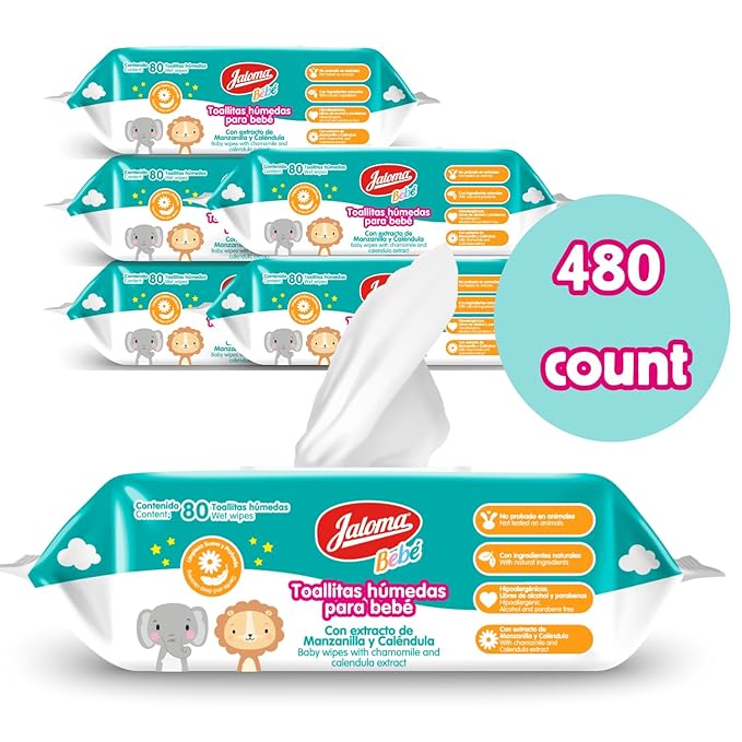 JALOMA Baby Wipes with Chamomile and Calendula Extract, Hypoallergenic and Paraben Free, 6-Pack of 80 Wet Wipes (480 Count)