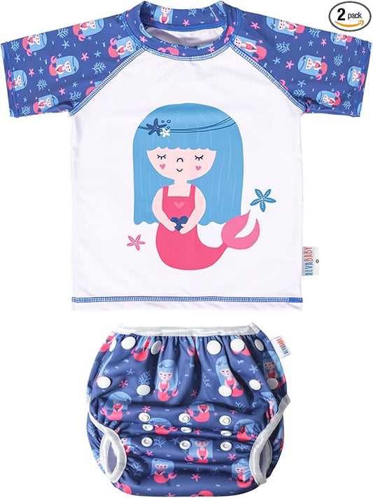 ALVABABY Baby Girl Swimsuit, 2-Piece Infant Toddler Bathing Short Sleeve Swimwear, Small Baby Reusable Swim Diaper with Matching Top
