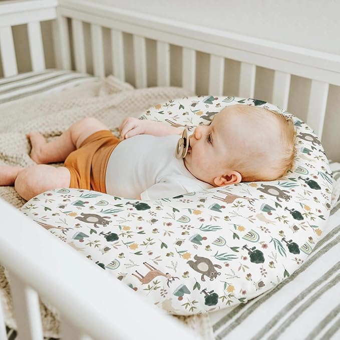 Whimsical Animals Baby Nursing Pillow Covers for Boy Girl Cute Animals Spring Nursing Pillowcase for Breastfeeding Pillows Bear Deer Bunny Rainbow Greenery Soft Stretchy Slipcovers for Newborn