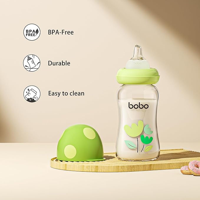 YOHKOH Natural Glass Baby Bottle with Level 1 Slow Flow Nipple, Newborn Anti-Colic Baby Bottles, Wide Neck Mushroom Baby Glass Bottle (Green, (5.4oz (Pack of 2))