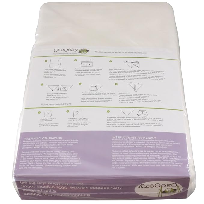 OsoCozy Bamboo/Organic Cotton Flat Cloth Diapers - Birdseye Weave - 32 x 35 Inch One-Layered Nappies, Super Soft 70% Bamboo, 30% Organic Cotton, Unbleached Natural Color. 6 Count