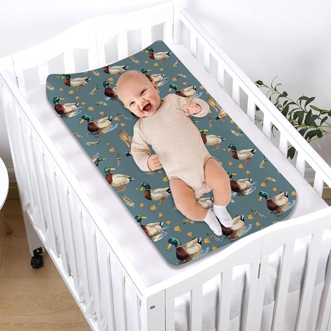 Vintage Duck Hunting Baby Changing Pad Cover for Boy Girl 32''x16'' Mallard Ducks Feathers Fitted Diaper Changing Table Sheets Wild Bird Animal Comfort Soft Breathable Baby Changing Table Mats