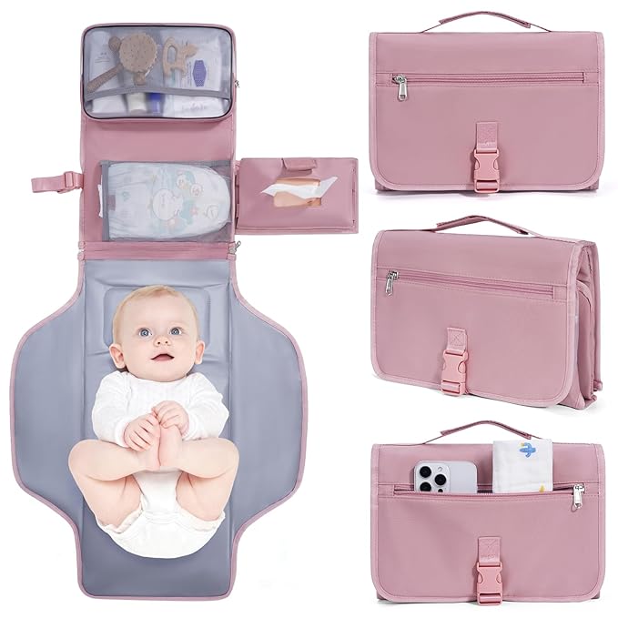 CEICEI Portable Diaper Changing Pad Waterproof Travel Baby Changing Mat with Large Wet/Dry Pocket & Elastic Wipes Pockets, Foldable Compact for On-The-Go Diaper Changer (Pink)